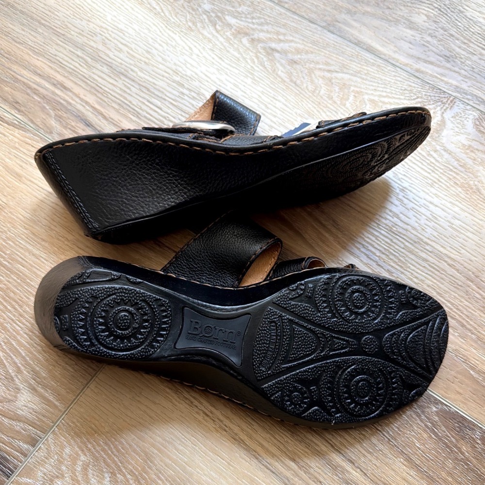 Børn Black Leather Crisscross Buckle Wedge Sandals Size 10 Slip-On Comfort NWOB - Picture 8 of 10